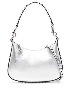 silver-tone calf leather pebbled texture metallic finish painted edge detachable shoulder strap single detachable top handle silver-tone Rockstud embellishment logo stamp to the rear main compartment internal card slot internal logo stamp suede lining top zip fastening Silver Bags With Logo Hardware For Formal Occasions, Formal Silver Shoulder Bag With Logo Hardware, Formal Silver Bags With Logo Hardware, Luxury Silver Bag With Logo Hardware, Silver Leather Bags With Logo Hardware, Elegant Silver Shoulder Bag With Logo Hardware, Evening Silver Bag With Logo Hardware, Designer Silver Bags With Logo Hardware, Silver Evening Bag With Logo Hardware