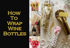 several wine bottles are decorated with ribbons and bows, as well as paper flowers in vases