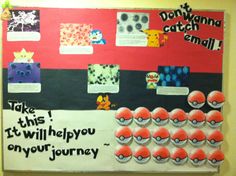 a bulletin board with pokemon pictures on it and words written on the wall above them