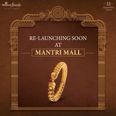 an advertisement for the re - launching soon at mantrimall, with gold jewelry