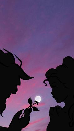 the silhouettes of two people are facing each other and one is holding a rose