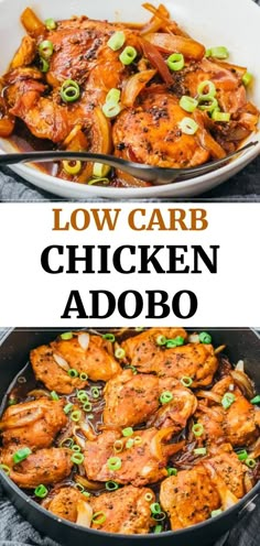 chicken adobo in a skillet with the words chicken adobo above it