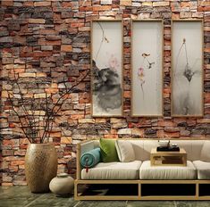 a living room with stone walls and furniture