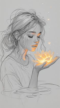 a drawing of a woman holding a flower in her hand with the light shining through it