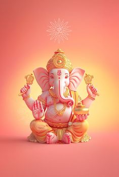 an elephant statue sitting in front of a pink background