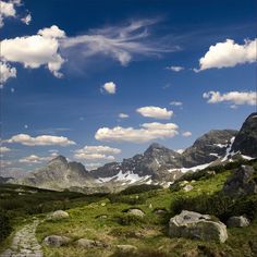 there is a path going through the grass and rocks in this mountain valley with snow on the mountains behind it