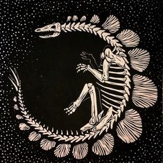 a skeleton is sitting in the middle of a circle with leaves and dots around it