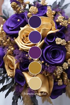 a bridal bouquet with purple roses and gold accents is shown in the color scheme