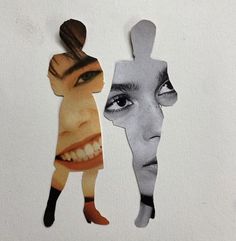 two cut out pieces of paper with the same woman's face and man's head