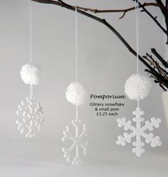 three snowflakes hanging from a tree branch with the words pompronum written below them