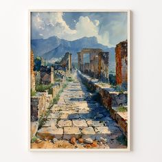 a painting of an ancient street with mountains in the background