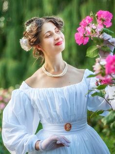 This lightweight batiste gown is your perfect choice for the late regency picnic or another Biedermeier period event. Sewn of the pure 100% cotton it has a lovely embroidered design on the bottom of the skirt. The bodice has a cotton lining and the back closure with hooks and bars. The proper bell-shape silhouette demands the period correct undergarments: corset and petticoats. Here you can find ones and order them separately or together with this gown: 1830s corset: https://www.etsy.com/listing Victorian Dress For Garden Party, Regency Picnic, 1830 Dress, White Victorian, 18th Century Fashion, Blue Gown, Wedding Summer, Historical Fashion, Embroidered Design