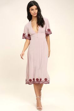 Vacation Dresses, Resort Wear, Floral Dresses at Lulus.com Rusty Rose, Full Midi Skirt, Light Mauve, Cute Casual Dresses, Midi Dress Formal, Lulus Dresses, Embroidered Midi Dress, V Neck Midi Dress, Maxi Dress Formal