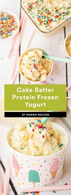 cake batter protein protein yogurt with sprinkles in bowls and on the table