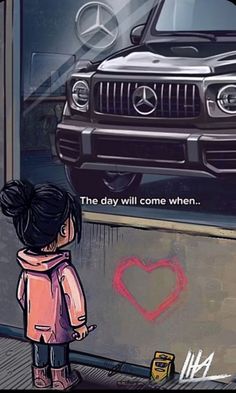 a girl standing in front of a car with a heart drawn on the wall next to it