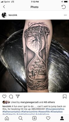 a man's arm with an hourglass tattoo on it