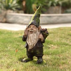 a garden gnome statue standing in the grass