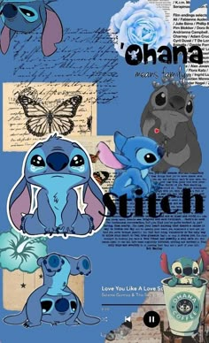 an image of stitch characters with the words stitch written on them and pictures of stitch