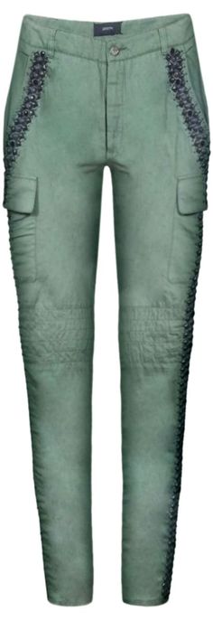 Women's biker green casual pants. Decorated stones, metal detail, abrasions, lacerations. Decorated Stones, Metal Detail, Lady Biker, Stone Decor, Womens Casual