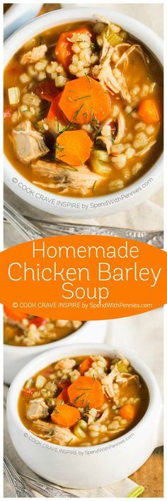 homemade chicken barley soup with carrots and celery