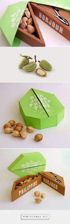 three boxes with different types of nuts in them and the words bonjou written on each box