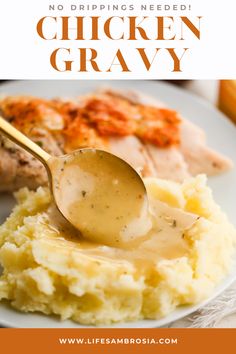 chicken gravy on a plate with mashed potatoes