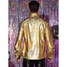 These metallic holographic shirts have a special, stylish, and unique design. If you are looking for a stylish and unique shirt, this metallic shirt will fit your needs. Metallic shirts can be paired with leather pants or ripped jeans for a stylish look. The metallic shirts are suitable for many occasions, including stage performances, discos, and parties. Gold Long Sleeve Party Shirt, Gold Shirt For Fall Party, Halloween Party Long Sleeve Tops, Long Sleeve Tops For Halloween Party, Metallic Long Sleeve Disco Top, Shiny Gold Tops For Party Season, Gold Shiny Tops For Party Season, Metallic Long Sleeve Club Tops, Metallic Long Sleeve Tops For Club