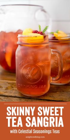 skinnyy sweet tea sangria with celestial seasonings and raspberries in mason jars