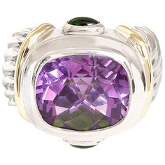 This beautiful 14k yellow gold and sterling silver David Yurman ring features an amethyst in the center and one green tourmaline on each side. The amethyst measures apx. 12 mm in length and apx. 14 mm in width. The ring is a size 5 and the total weight is 11.1 grams. Yurman Ring, David Green, David Yurman Ring, Green Tourmaline Ring, Green Ring, Green Rings, Tourmaline Ring, Three Stone Rings, Green Tourmaline