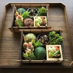 two wooden trays filled with different types of food