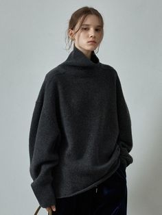 This Alpaca Turtleneck Knit offers a luxurious blend of Baby Alpaca and Tasmania Wool, known for its exceptional softness and insulation properties.- Clean design with a warm texture- Unique front shoulder seam design- Oversized fit for comfortable wear experience London Street Style Winter, Textured Knit Sweater, Big Sweaters, Winter Dress Outfits, Closet Essentials, Knit Turtleneck, Hand Knitted Sweaters, W Concept, Baby Alpaca