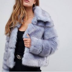 Blue Missguided Faux Fur Jacket. Never Worn. Tags Still Attached. Fur Jacket Outfit, Fur Trench Coat, Shag Jacket, Long Sleeve Denim Jacket, Denim Jacket With Dress, Jacket Outfit, Black Faux Fur, Mode Online, Faux Fur Jacket