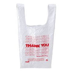 a white plastic bag with thank you written on the front and bottom, in red ink