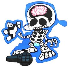 a drawing of a skeleton with a brain on it