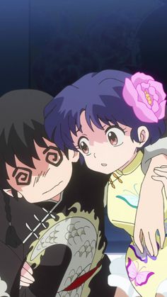 two anime characters kissing each other in front of a dark background with flowers on it