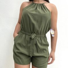 Army Green Scrunchy Waistband That Gives You Shape W/O Constricting 2 Front Pockets Tie A Bow In The Front Casual Solid Color Halter Neck Jumpsuits And Rompers, Casual Solid Color Halter Neck Jumpsuit, Casual Green Halter Neck Jumpsuits And Rompers, Macys Pants, Coral Jumpsuit, Cute Summer Rompers, Black Lace Jumpsuit, Colorful Romper, Womens Black Jumpsuit