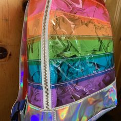 Rainbow Clear Backpack * 9.5W*11.5H*4.75D * Polyurethane, Mixed Metal Casual Rainbow School Bag, Multicolor Shoulder Backpack With Zipper Closure, Trendy Rainbow Travel Bag, Multicolor Shoulder Bag Backpack With Zipper, Multicolor Shoulder Bag Backpack With Zipper Closure, Rainbow-colored Standard Backpack For School, Rainbow Colored School Backpack, Rainbow Standard Backpack For Back To School, Rainbow School Backpack