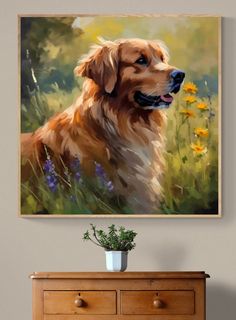 a painting of a golden retriever in a field with wildflowers