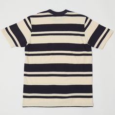 With a truckload of 1960’s charm, we are pleased to welcome the ‘Random Stripe’ tee from Freewheelers & Co. Cut from a supremely soft 100% cotton, this tee is a standard fit, with a cool mid century stripe, and a neat collar finish. The loopwheel construction of the fabric has been designed to ensure the integrity of this tee’s shape, a time honoured production method which has since been overtaken by cheaper modern equivalents. This piece falls under the brand’s ‘Power Wear’ sub-label, which ce Striped Set, Vintage Sportswear, Stripe Tee, Clothing Co, 70s Fashion, Striped Tee, Vintage Tees, Old Navy, Mid Century