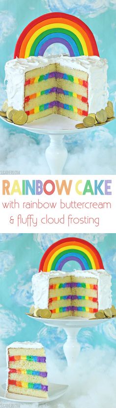 rainbow cake with white buttercream and a fluffy cloud frosting on the side