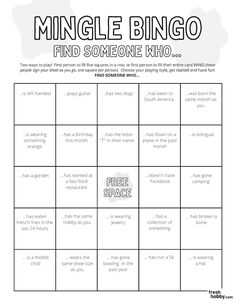 a printable game for kids to play with the words,'mingle bingo find