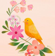 a yellow bird sitting on top of a branch with pink flowers and butterflies around it