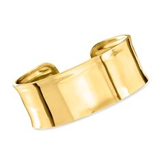 Ross-Simons - Italian 18kt Gold Over Sterling Polished Cuff Bracelet. 7". Embrace the beauty of simplicity. Made in Italy of polished 18kt yellow gold over sterling silver, our gleaming cuff bracelet makes an alluring statement that is impossible to be overlooked. 1" wide. Slip-on, 18kt gold over sterling cuff bracelet. Gold Cuff Bracelet, Tarnish Resistant For Formal Occasions, Gold Tarnish-resistant Cuff Bracelet For Formal Occasions, Modern Yellow Gold Wide Band Bracelet, Gold Tarnish Resistant Cuff Bracelet For Formal Occasions, Classic Yellow Gold Cuff Bracelet, Tarnish Resistant, Yellow Gold Cuff Jewelry For Anniversary, Elegant Gold Cuff Bracelet With Polished Finish, Elegant Wide Band Yellow Gold Bangle, Formal Gold Bangle With Open Band