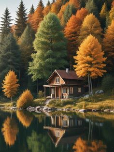 a cabin on the shore of a lake surrounded by trees with autumn foliage around it