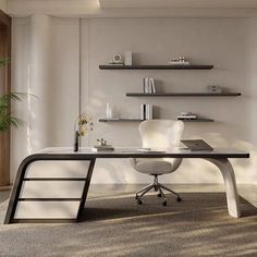 an office with a desk and shelves on the wall