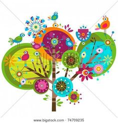 an abstract tree with colorful flowers and birds