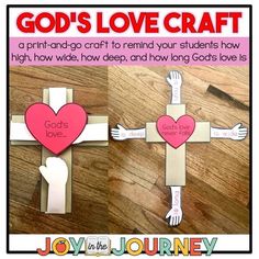 two paper crosses with the words god's love craft on them and an image of jesus