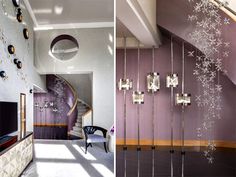 two pictures side by side, one with purple walls and the other with white snowflakes on it