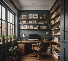 a home office with wooden shelves and desk