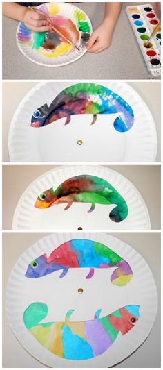 paper plate chamelon art project for kids to do with the watercolors